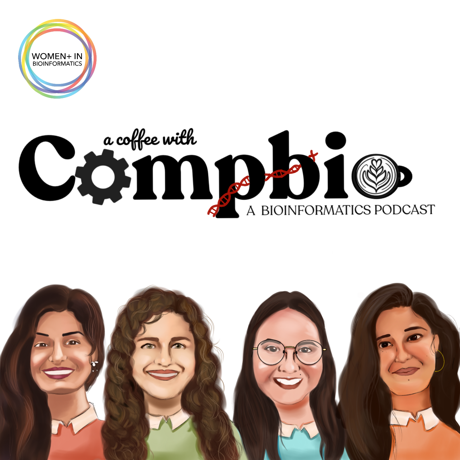 Coffee with CompBio Podcast Logo: Four painted women under the podcast title